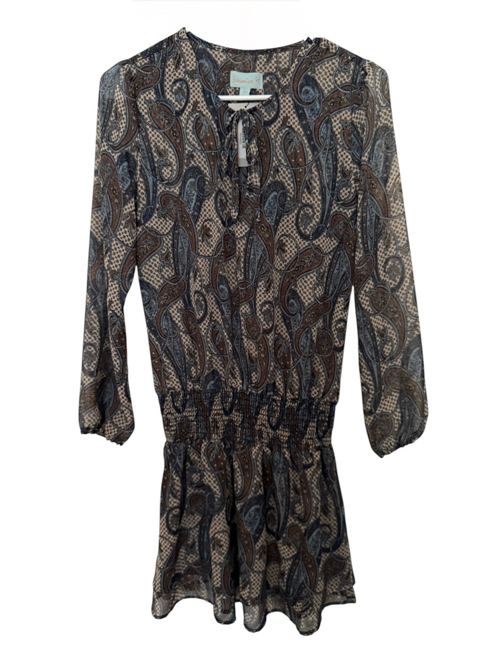 NWT Veronica M Paisley Tie-Neck Long Sleeve Dress Brown & Blue Women XS